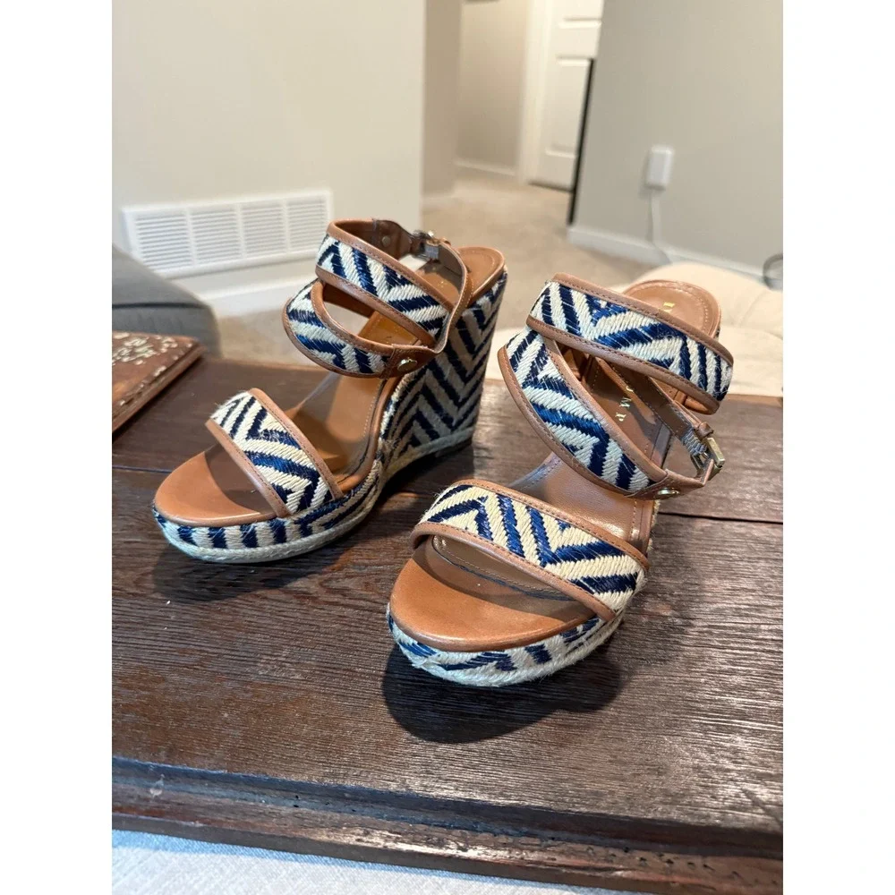 Ivanka Trump‎ Womens Blue White Chevron Espadrille Wedge Sandals Brown 6.5